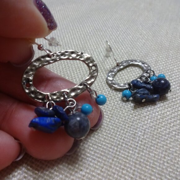 Unique BLUE BEADED Handmade Silver Dangle Earrings #474C - Picture 3 of 3